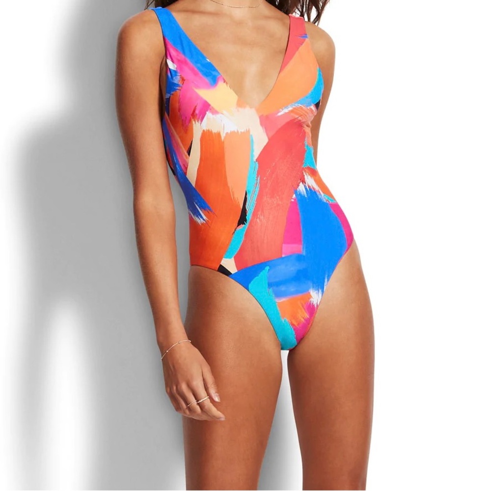 💙NWT-Sea Folly Art House Deep V Neck Maillot In Multicolor💙
